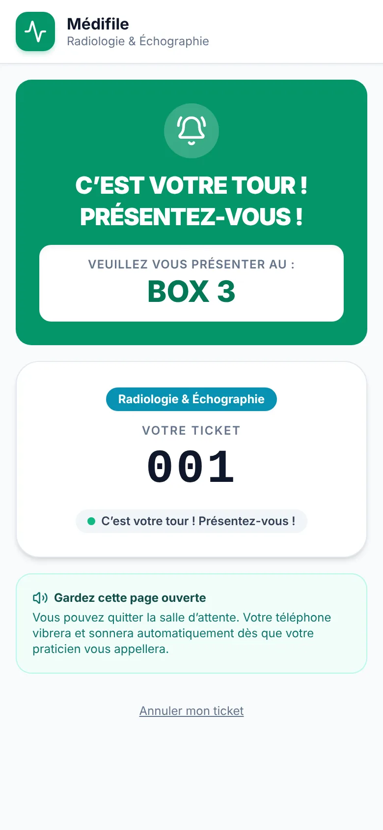 Page de suivi sur téléphone : c'est votre tour, présentez-vous au box 3
